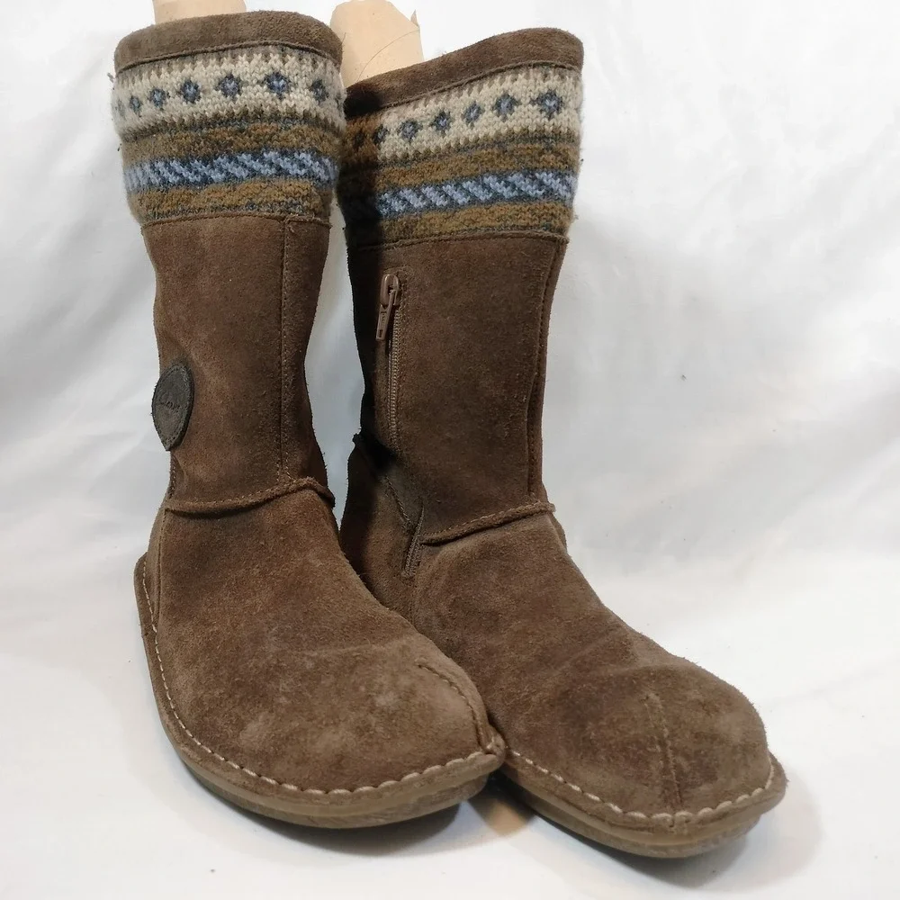 Clarks Brown Suede Boots; Fair Isle Knit Trim Faux Fur Lined